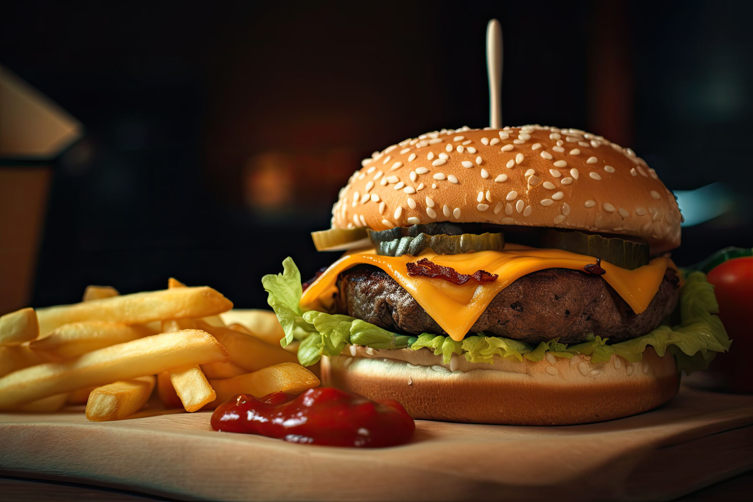 cheeseburger with french fries and ketchup on wooden table.